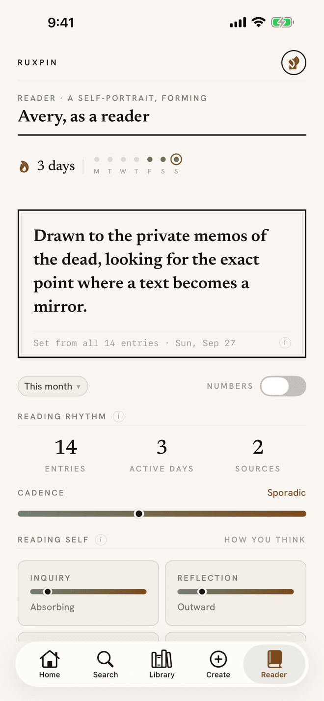 The Reader tab in Ruxpin: the portrait and reading vitals