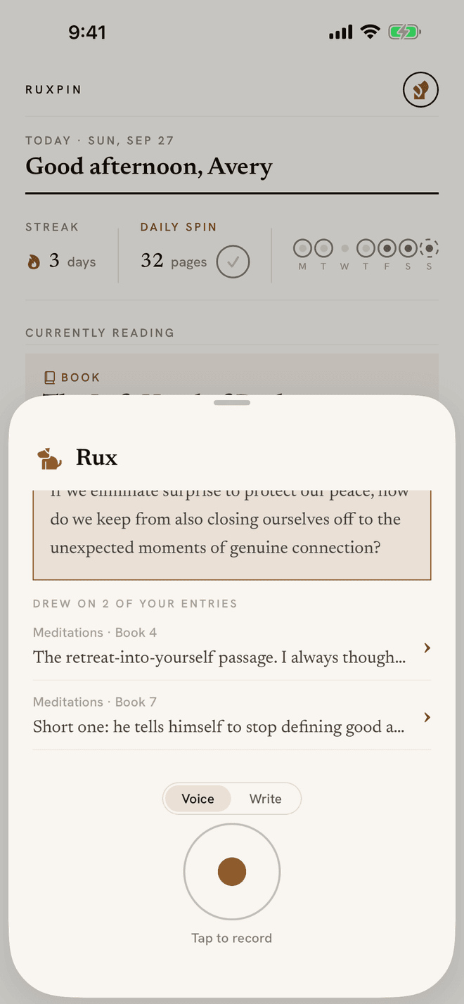 A reflection from Rux in Ruxpin, citing the reader's own entries