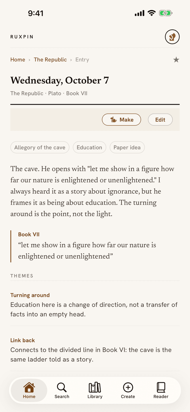 An entry on Book VII, with its quote