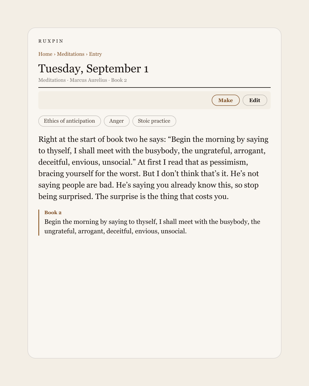 A filed entry in Ruxpin: the date, the book and chapter, three theme chips, and the thought in the reader's own words.