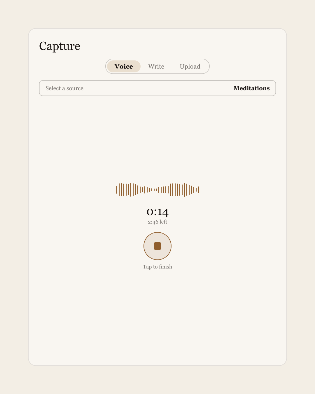 The Ruxpin capture screen mid-recording: Voice selected, the source chosen, a waveform, the clock and the stop button.