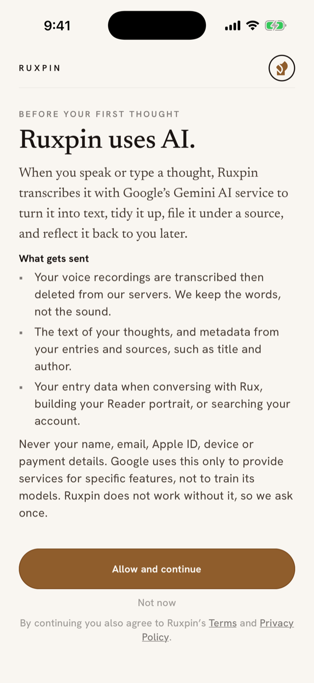 The Ruxpin uses AI screen: what gets sent, what never is, Allow and continue over Not now