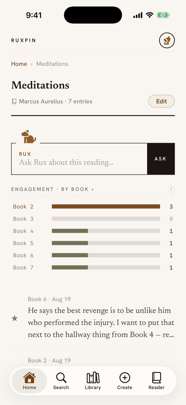 A source's page: engagement heatmap, starred thoughts, and entries