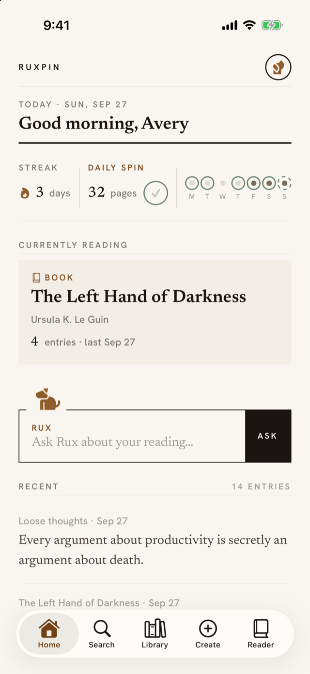 The streak band on Home, with today's Daily Spin of 32 pages beside an empty check, and sage rings around the days already read