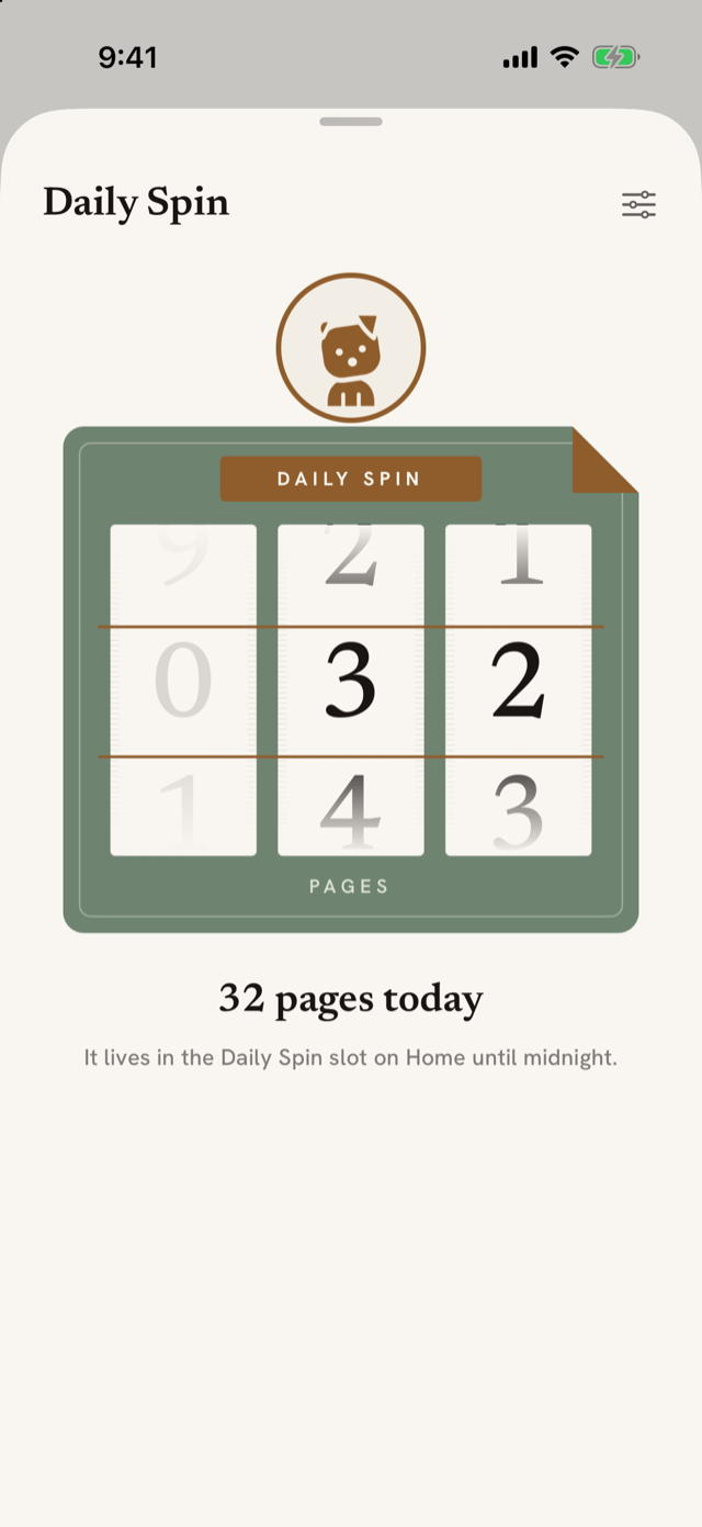 Daily Spin after a spin, the reels stopped on 32 and the words 32 pages today underneath