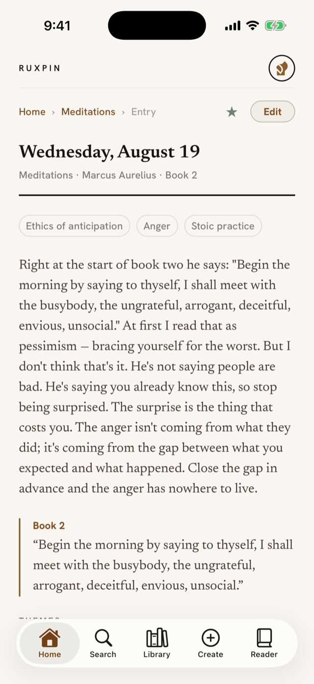 An entry: the thought, a quote card, and its themes