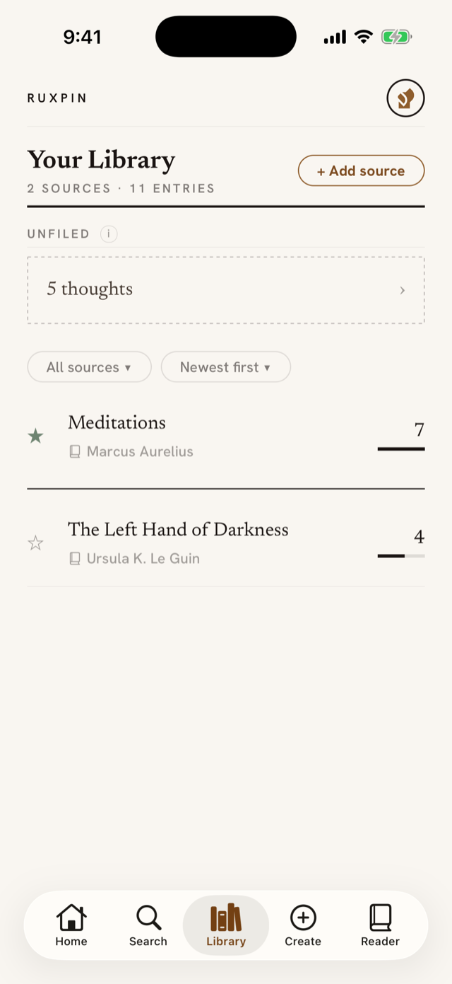 The Library: the Unfiled inbox above the catalog of sources