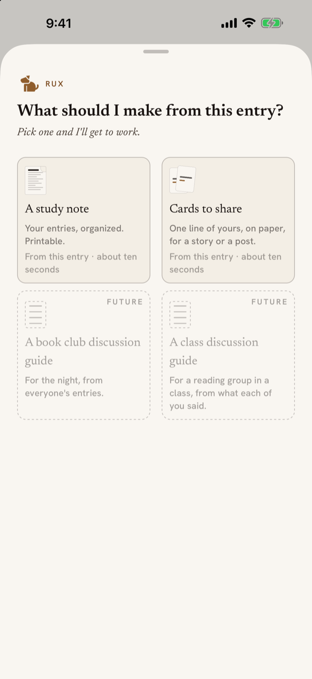 The Make menu: a study note, cards to share, and the two guides Rux will make in future