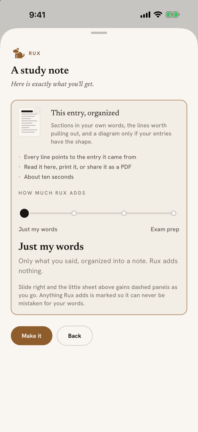 The promise for a study note, with the slider at Just my words
