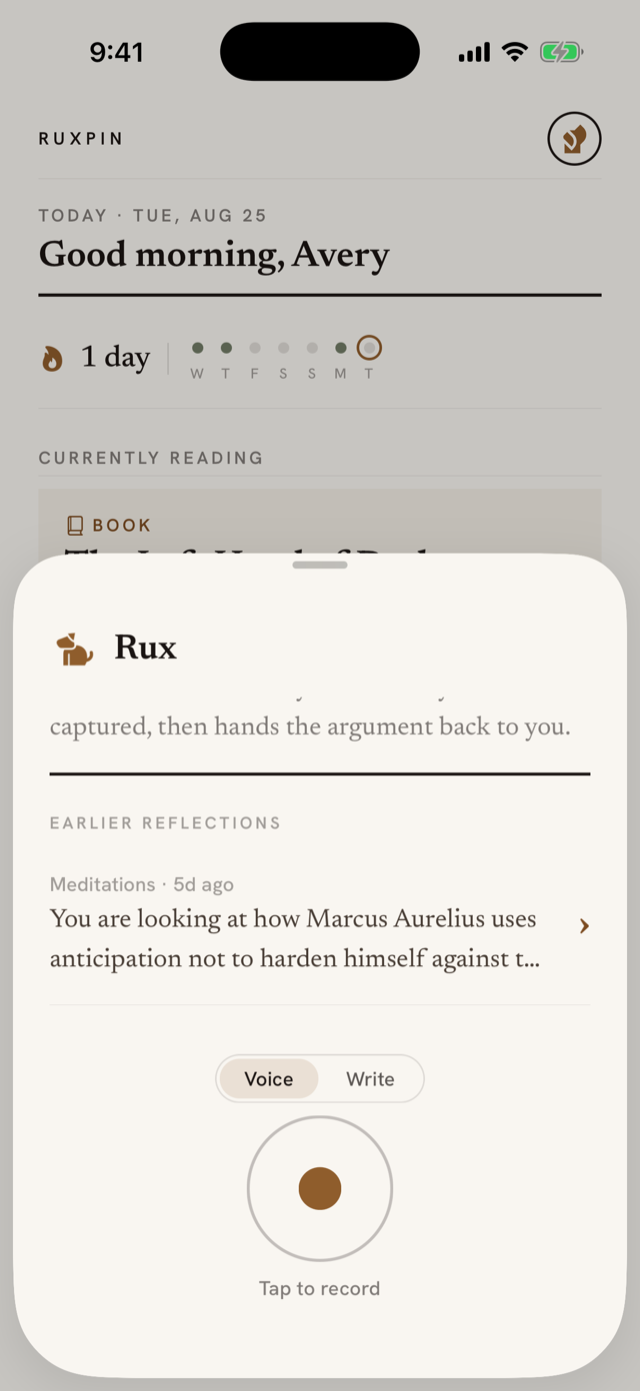 The Rux sheet summoned bare: the invitation to ask, with the voice-first bar below