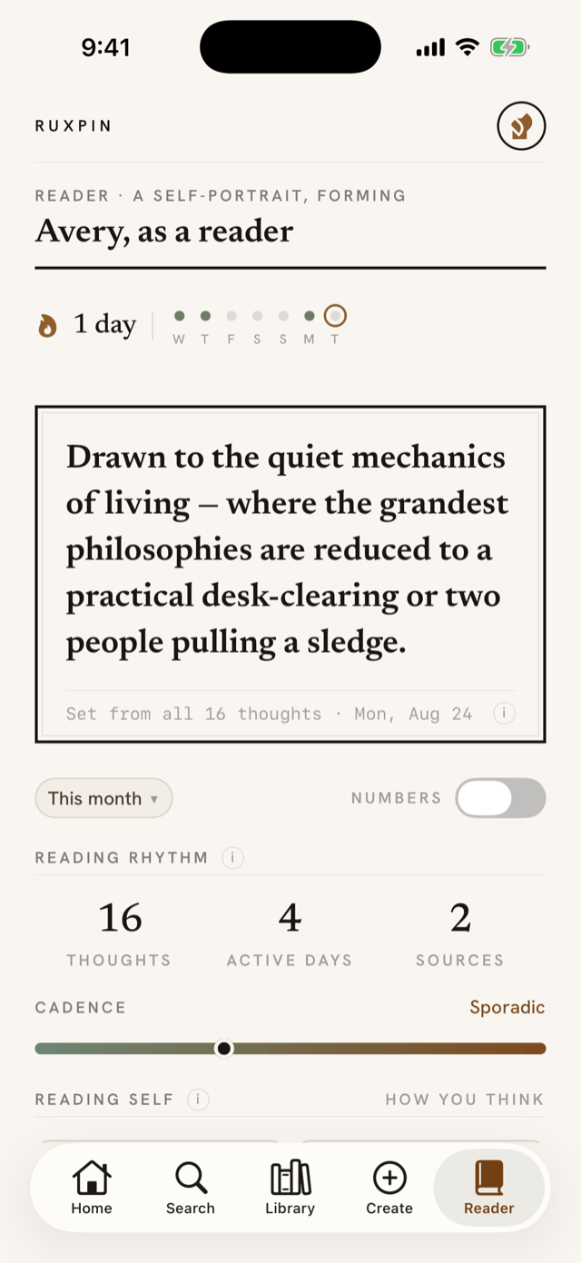 The Reader tab: your portrait line, reading rhythm, and vitals