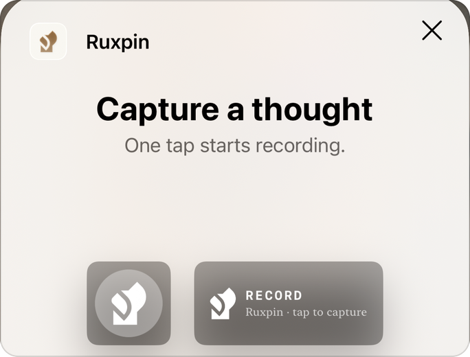 The Ruxpin widget, captioned Capture a thought, one tap starts recording